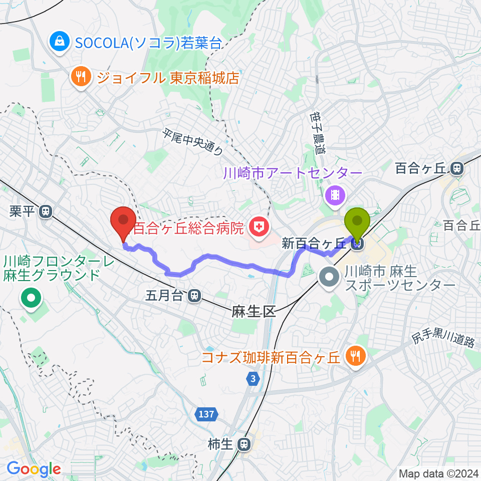 新百合ヶ丘駅からタミー音楽教室へのルートマップ地図