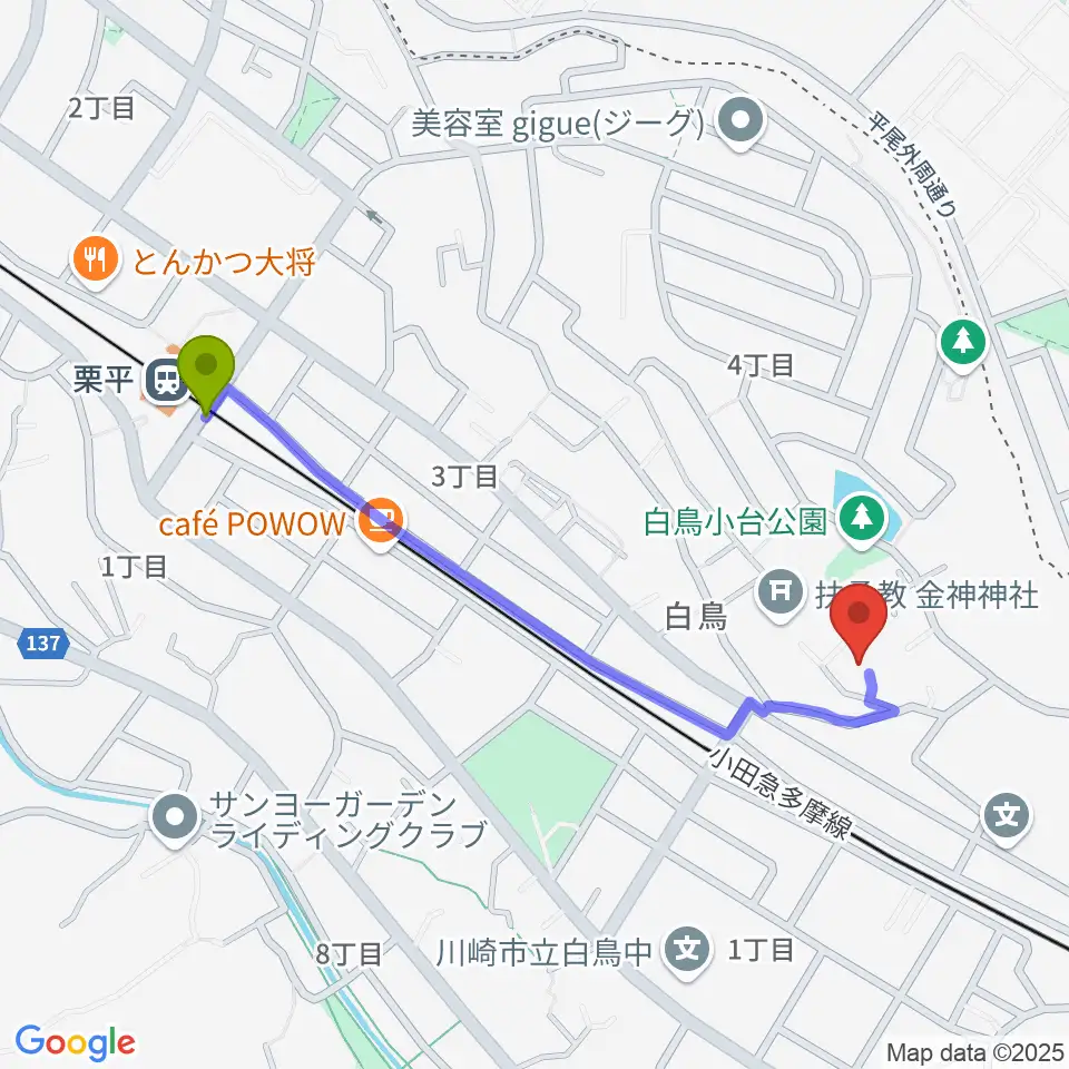タミー音楽教室の最寄駅栗平駅からの徒歩ルート（約10分）地図