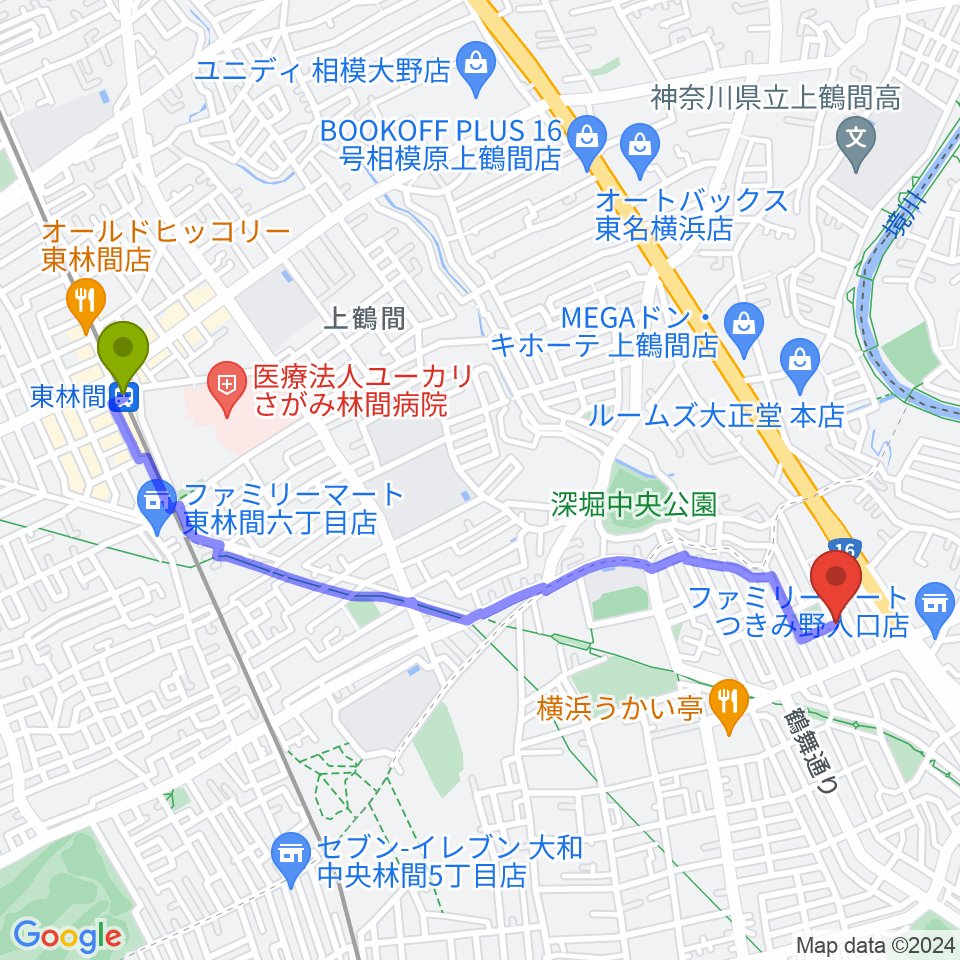 東林間駅から北村隆子バイオリン教室へのルートマップ地図