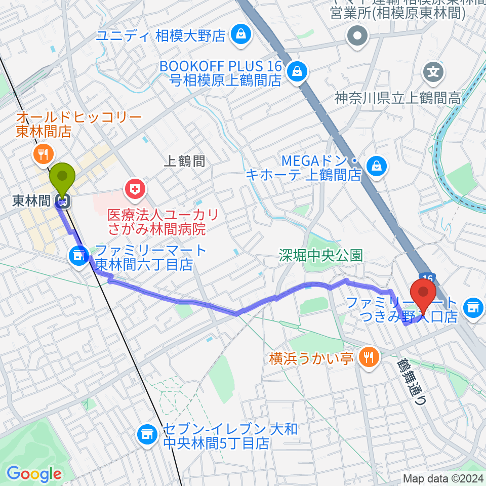 東林間駅から北村隆子バイオリン教室へのルートマップ地図