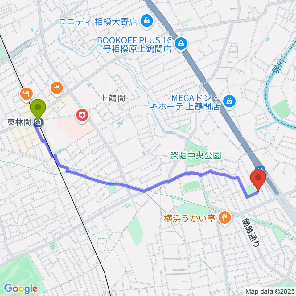 東林間駅から北村隆子バイオリン教室へのルートマップ地図
