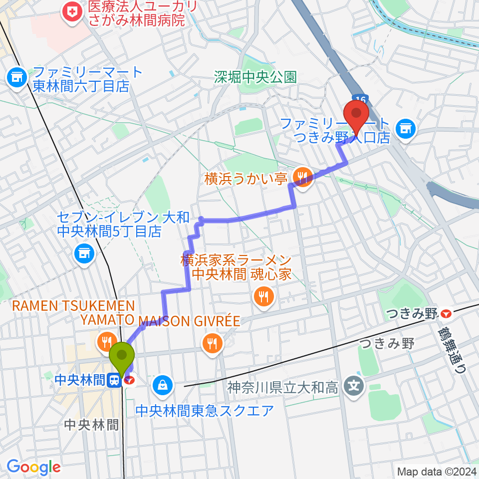 中央林間駅から北村隆子バイオリン教室へのルートマップ地図