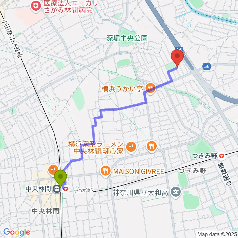 中央林間駅から北村隆子バイオリン教室へのルートマップ地図