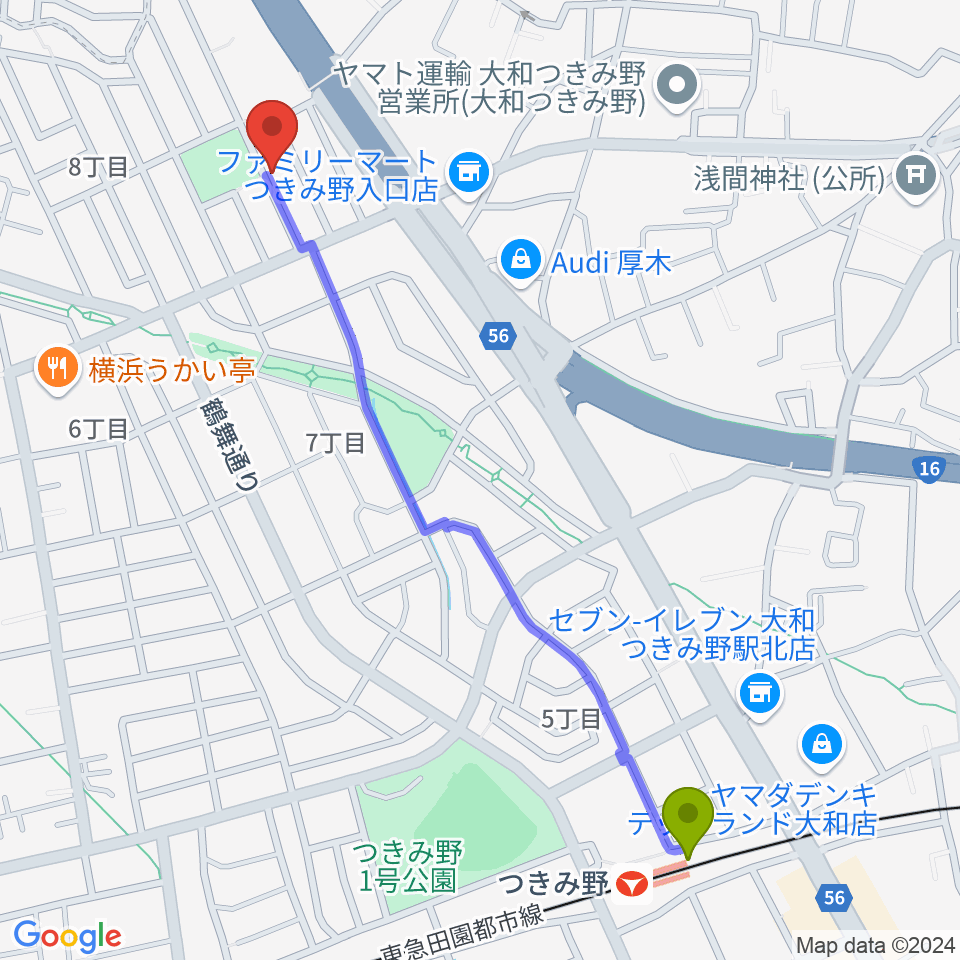 北村隆子バイオリン教室の最寄駅つきみ野駅からの徒歩ルート（約13分）地図