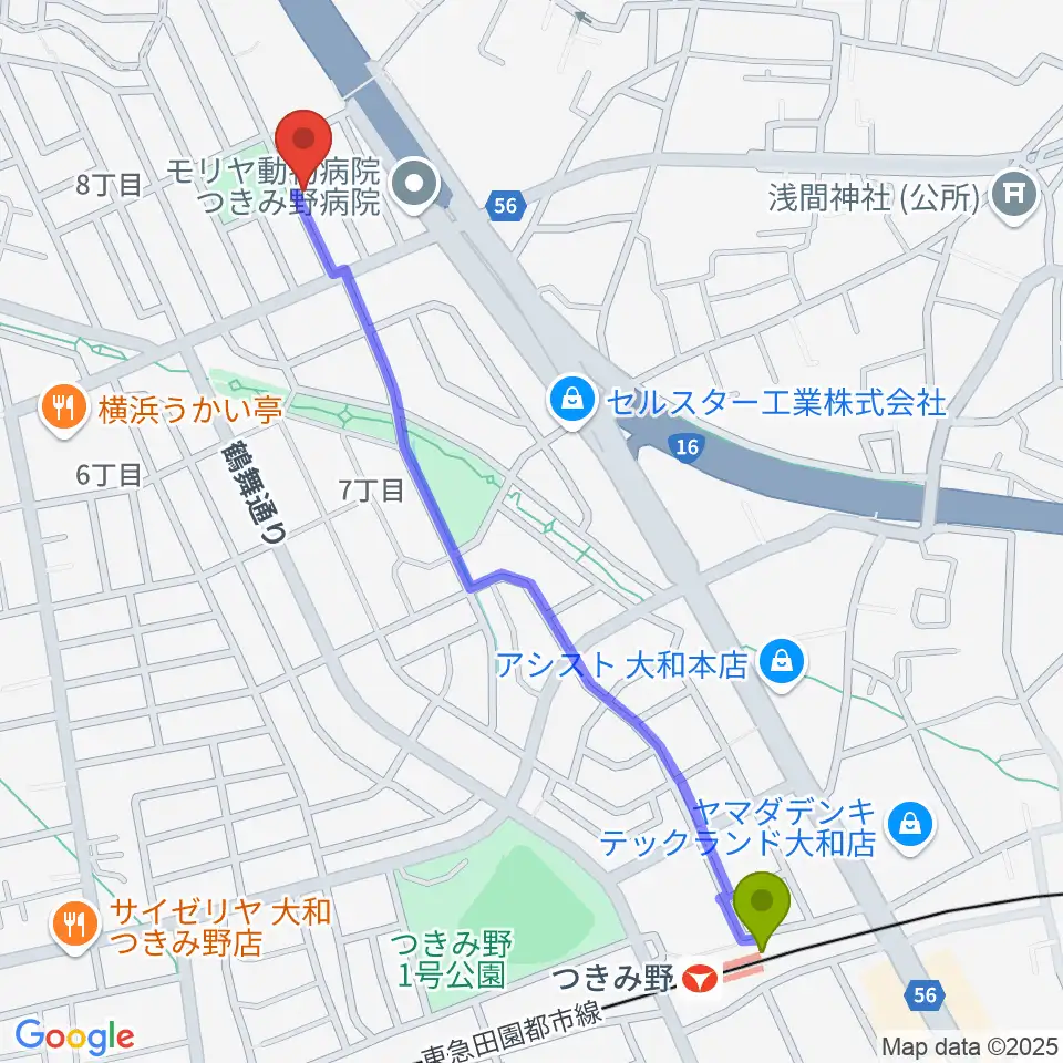 北村隆子バイオリン教室の最寄駅つきみ野駅からの徒歩ルート（約13分）地図