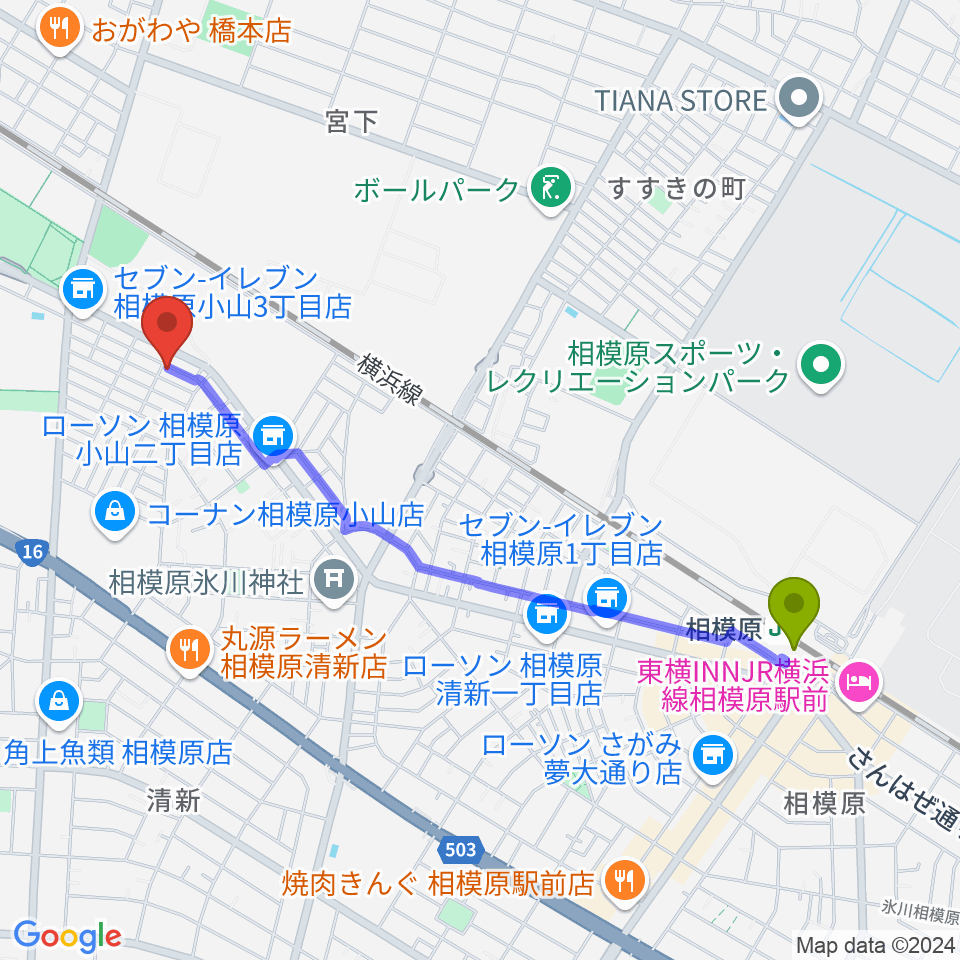 相模原駅から村田ピアノ音楽院へのルートマップ地図