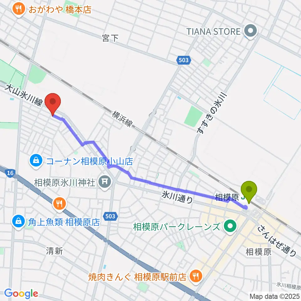 相模原駅から村田ピアノ音楽院へのルートマップ地図