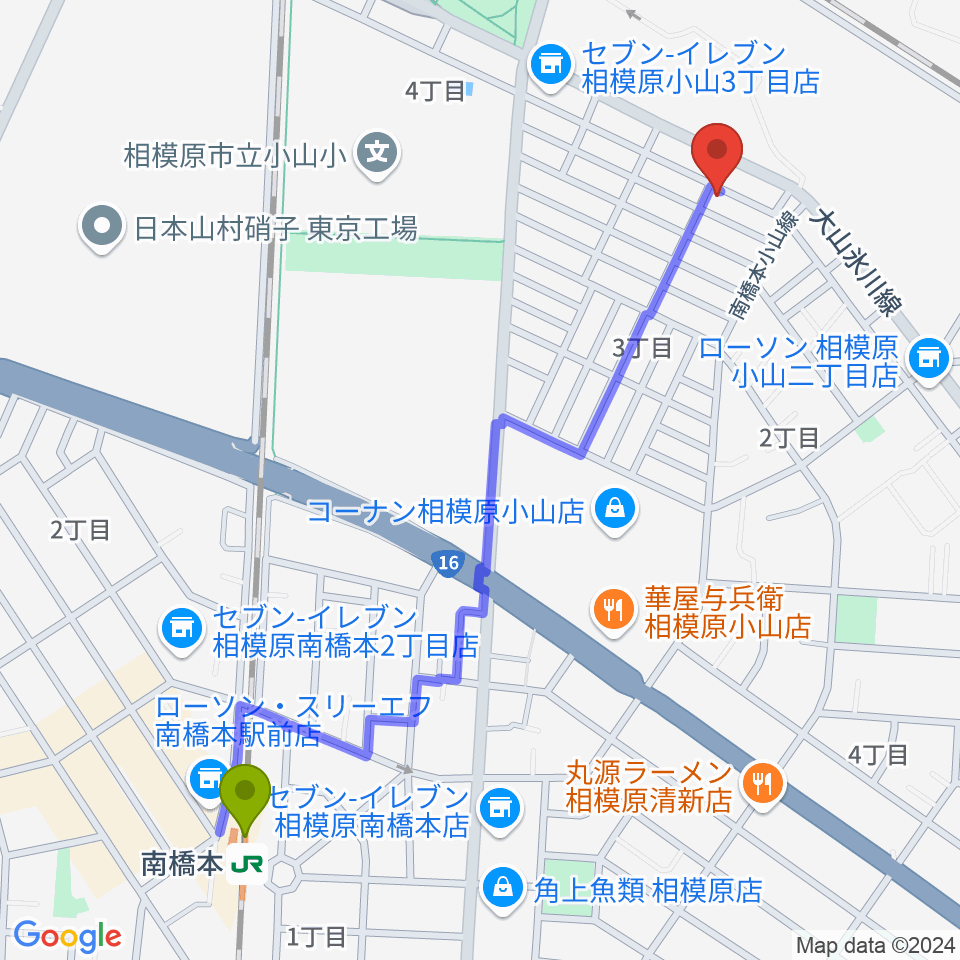 村田ピアノ音楽院の最寄駅南橋本駅からの徒歩ルート（約13分）地図