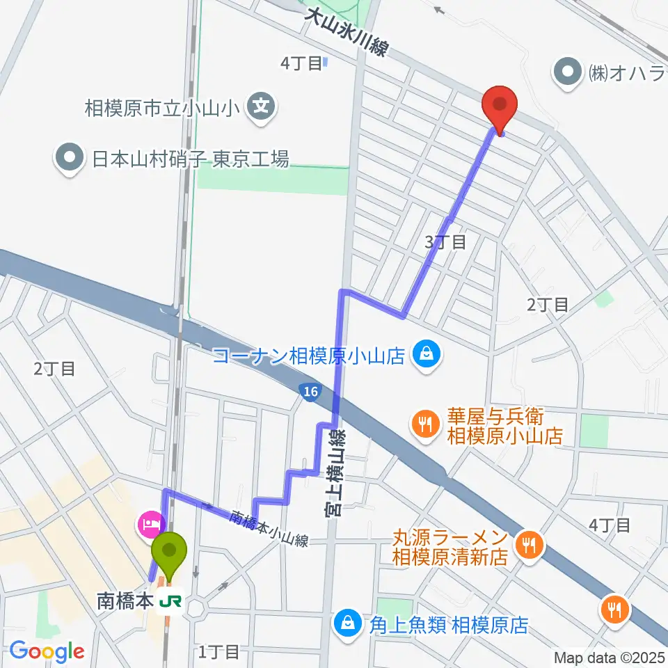 村田ピアノ音楽院の最寄駅南橋本駅からの徒歩ルート（約13分）地図
