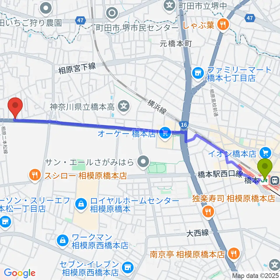 橋本駅からあらきピアノ教室へのルートマップ地図