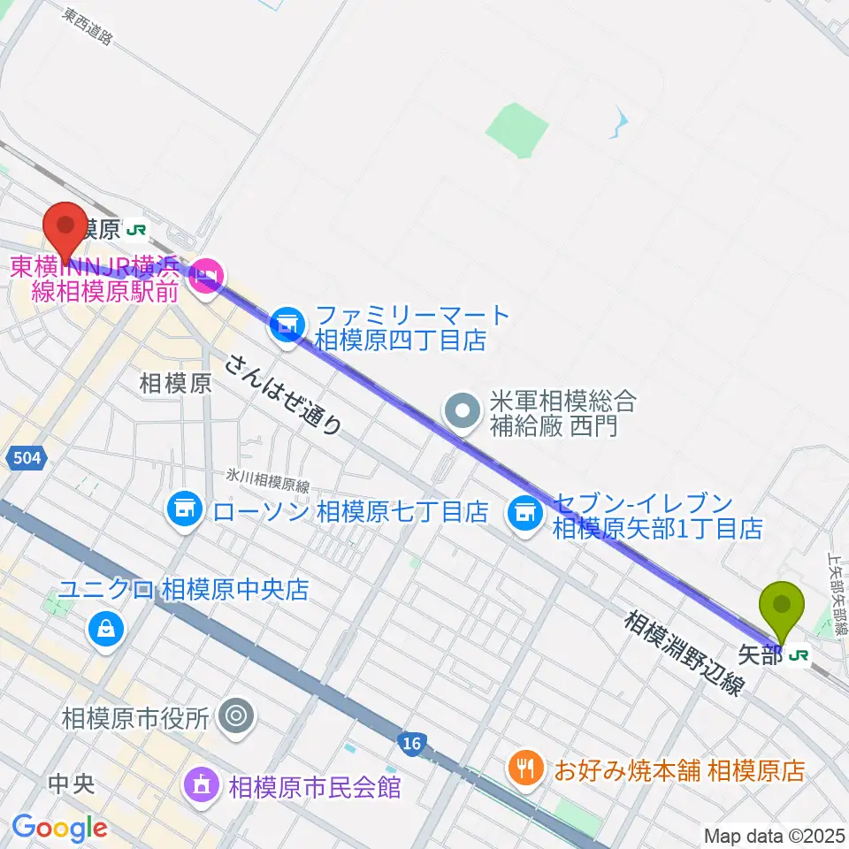 矢部駅からエッキミュージックサロンへのルートマップ地図