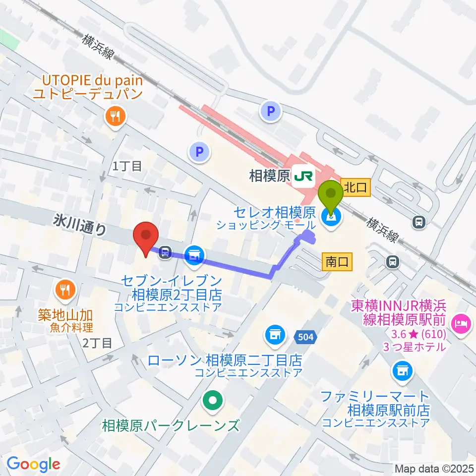 エッキミュージックサロンの最寄駅相模原駅からの徒歩ルート（約3分）地図