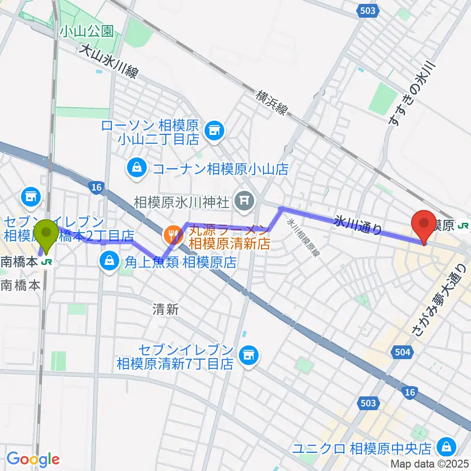 南橋本駅からエッキミュージックサロンへのルートマップ地図