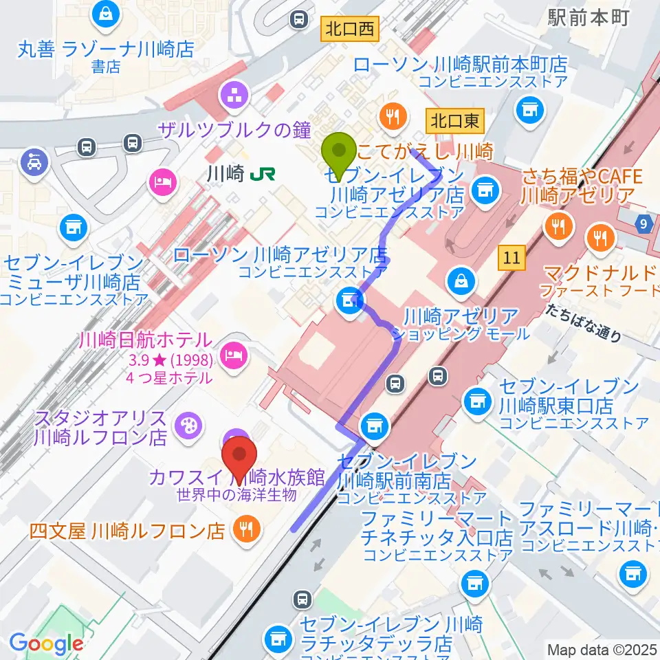 島村楽器 川崎ルフロン店の最寄駅川崎駅からの徒歩ルート（約4分）地図