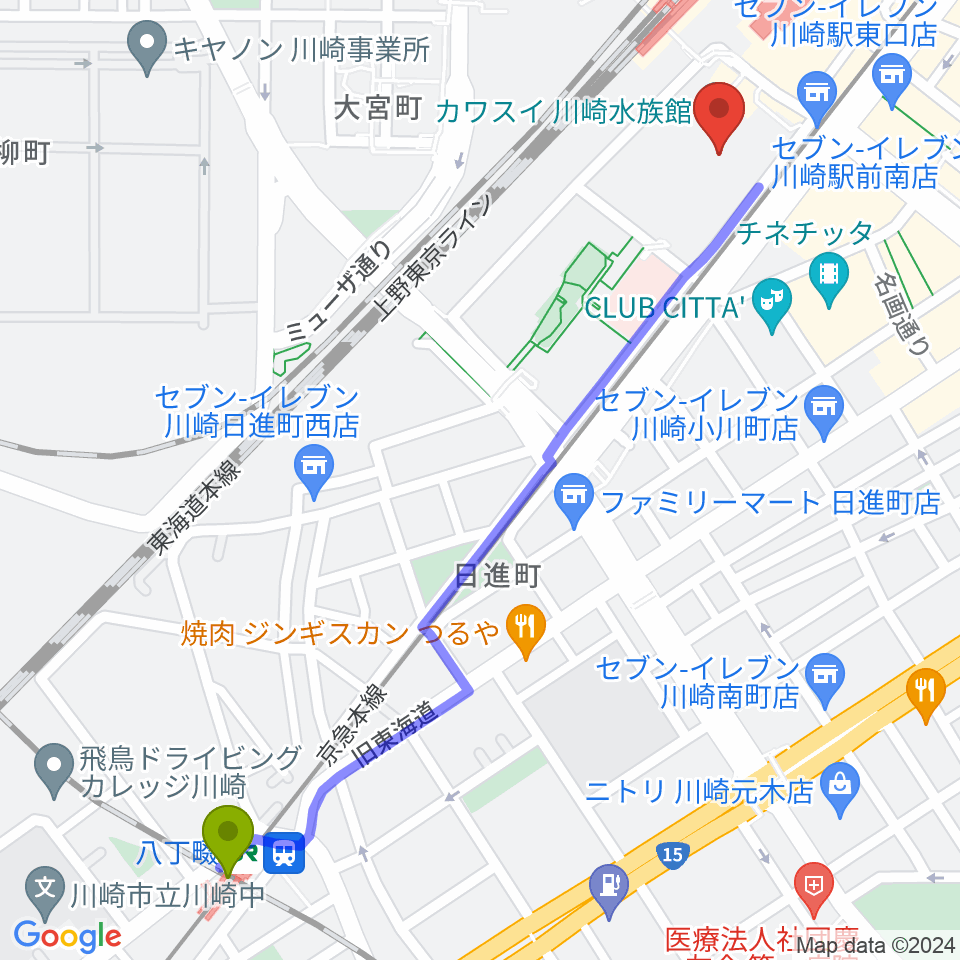 八丁畷駅から島村楽器 川崎ルフロン店へのルートマップ地図