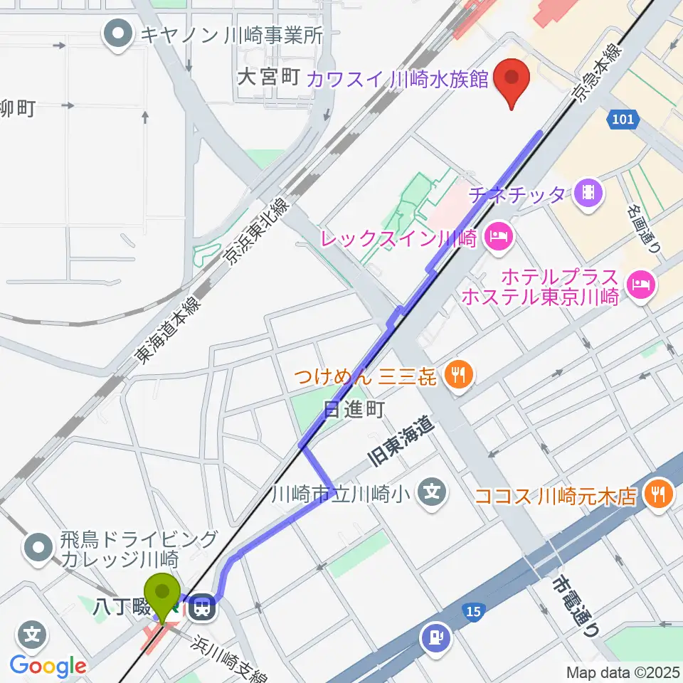 八丁畷駅から島村楽器 川崎ルフロン店へのルートマップ地図