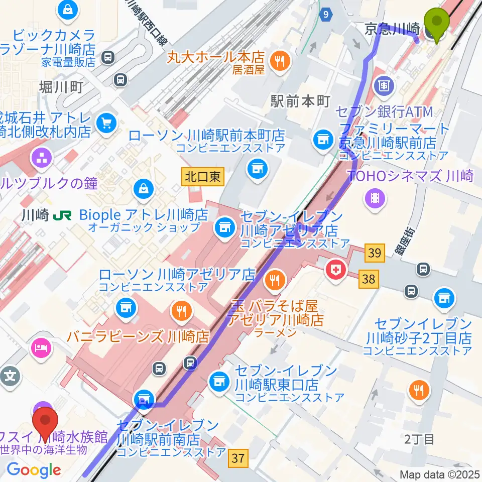 京急川崎駅から島村楽器 川崎ルフロン店へのルートマップ地図