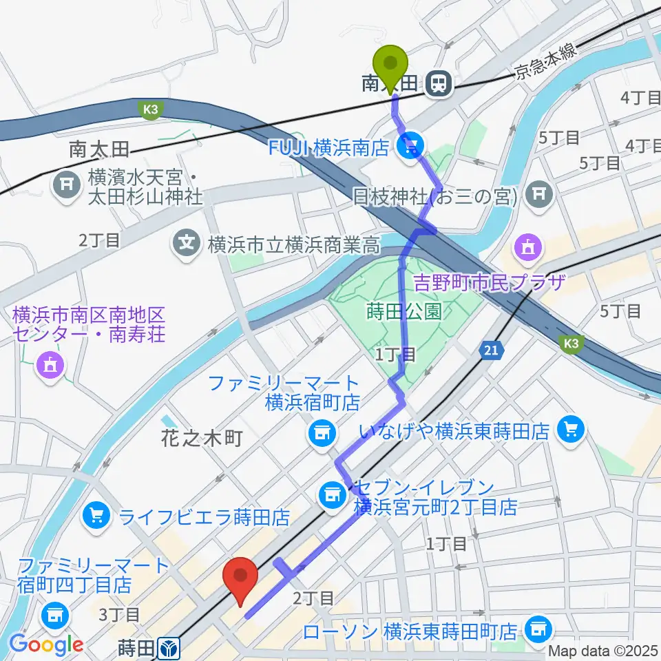 南太田駅からリトミック音楽教室「リズムの森」へのルートマップ地図