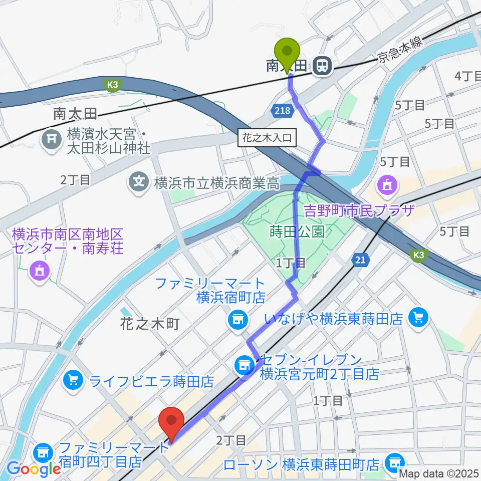 南太田駅からリトミック音楽教室リズムの森へのルートマップ地図