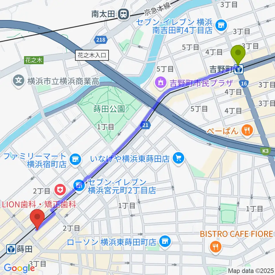 吉野町駅からリトミック音楽教室リズムの森へのルートマップ地図