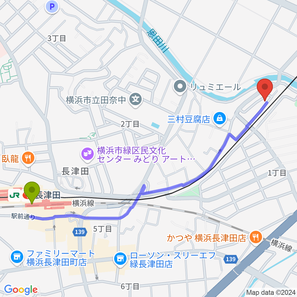 長津田駅から長津田音楽教室タナジアートへのルートマップ地図