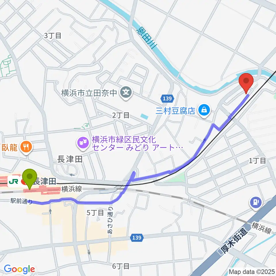 長津田駅から長津田音楽教室タナジアートへのルートマップ地図