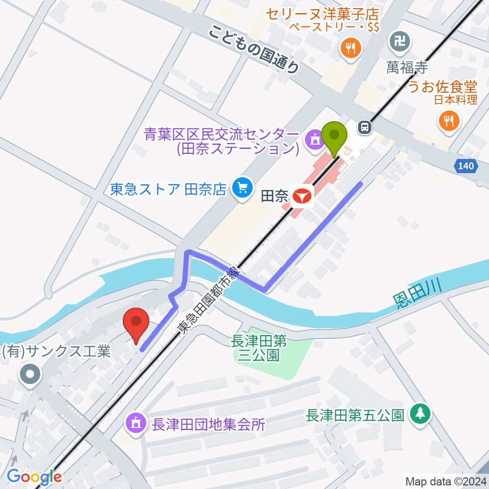 長津田音楽教室タナジアートの最寄駅田奈駅からの徒歩ルート（約4分）地図
