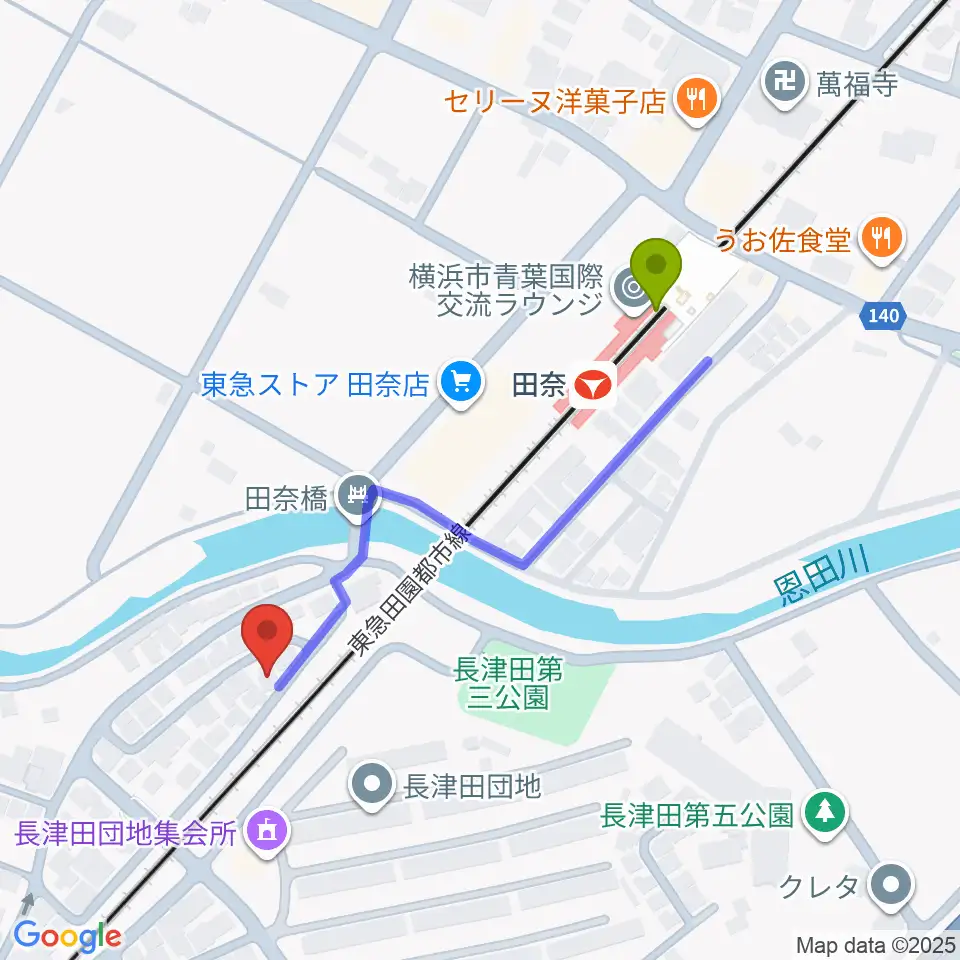長津田音楽教室タナジアートの最寄駅田奈駅からの徒歩ルート（約4分）地図