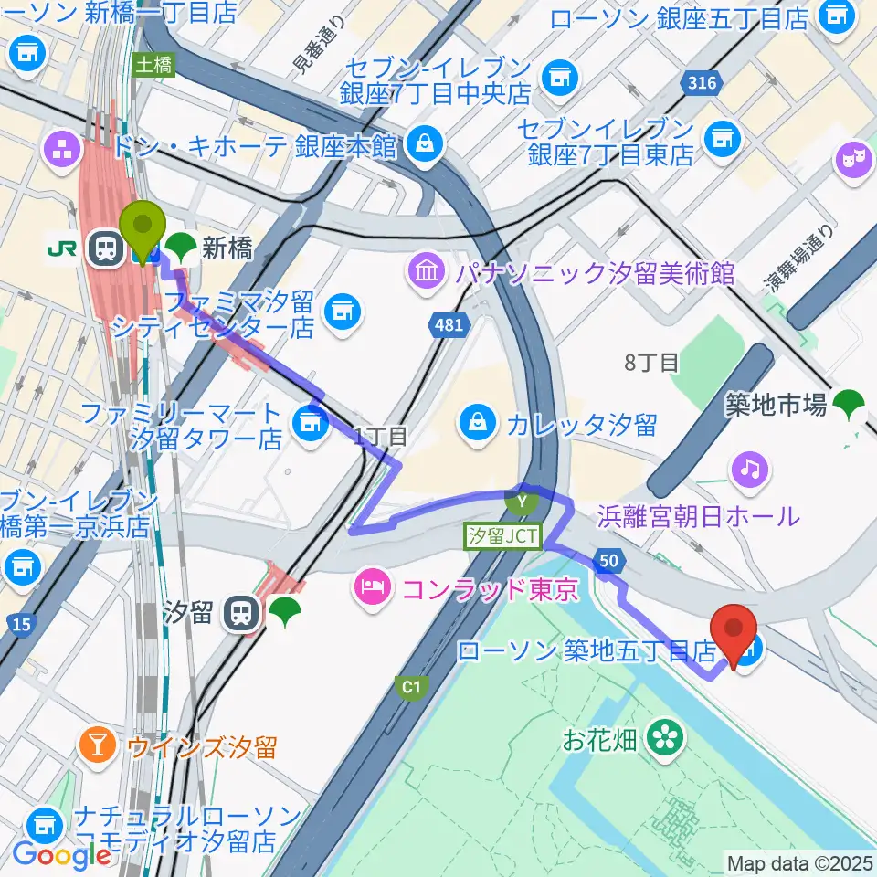 新橋駅から汐留ブルームードへのルートマップ MDATA