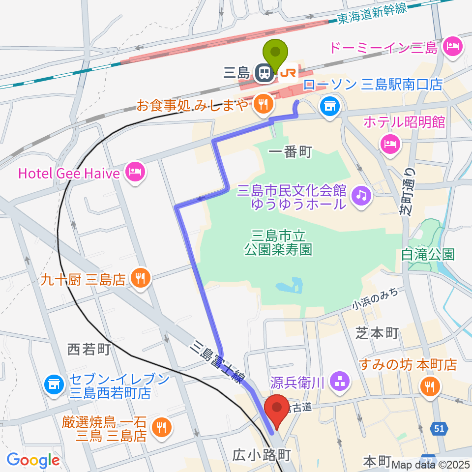 三島駅からゴリラハウスへのルートマップ地図