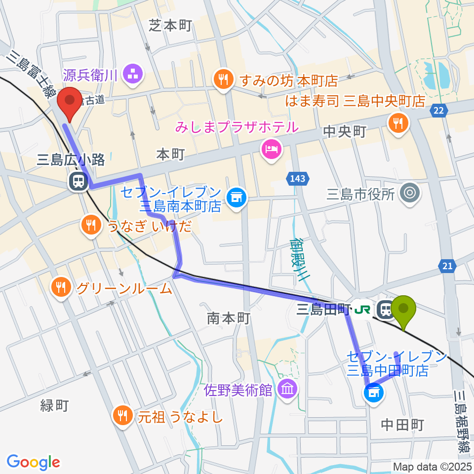 三島田町駅からゴリラハウスへのルートマップ地図