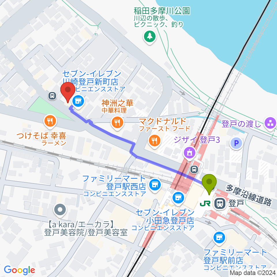 きくち音楽教室の最寄駅登戸駅からの徒歩ルート（約5分）地図