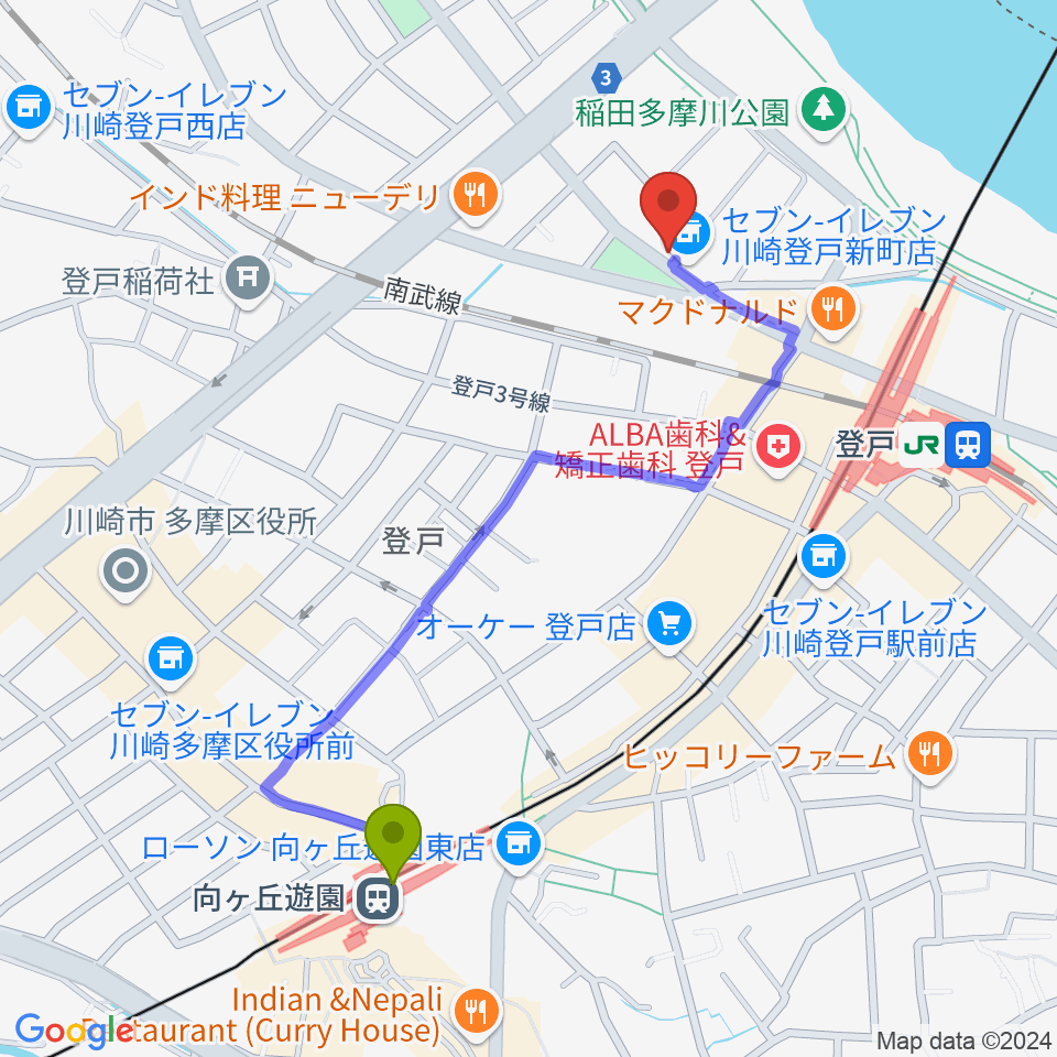 向ヶ丘遊園駅からきくち音楽教室へのルートマップ地図