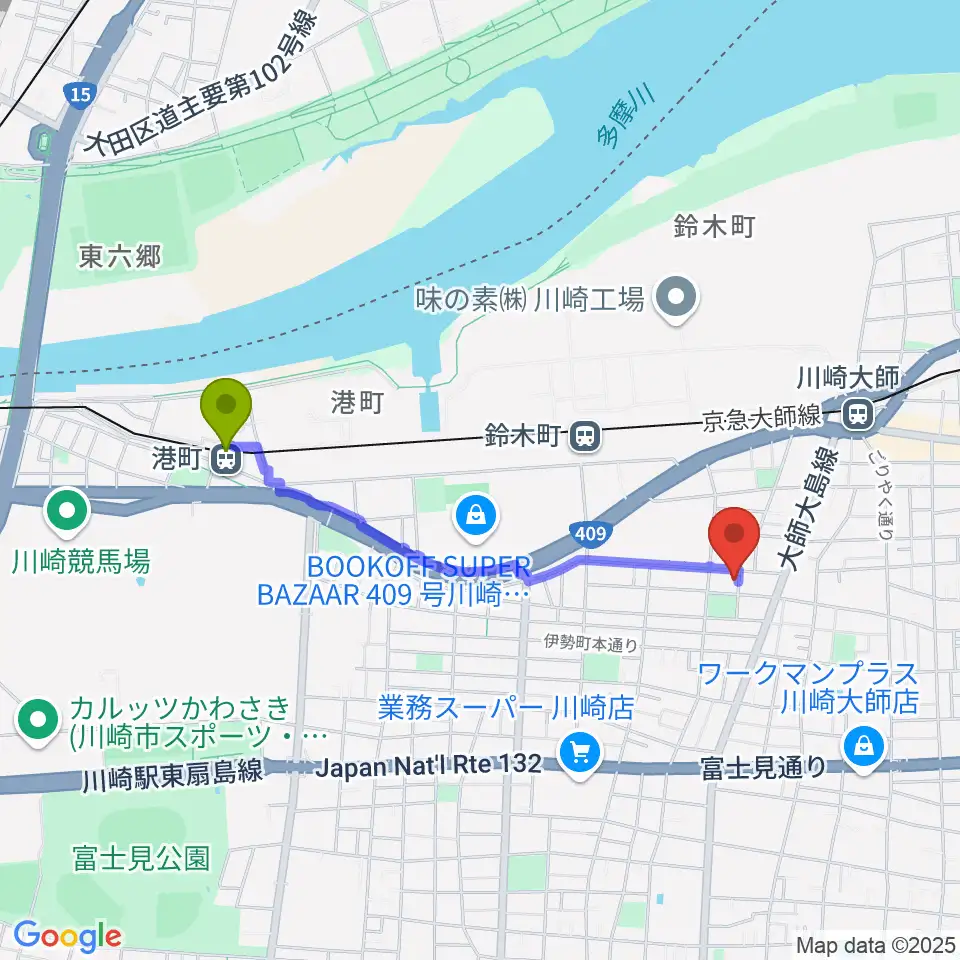 港町駅から庄司ピアノ教室へのルートマップ地図