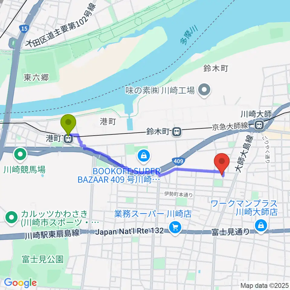 港町駅から庄司ピアノ教室へのルートマップ地図