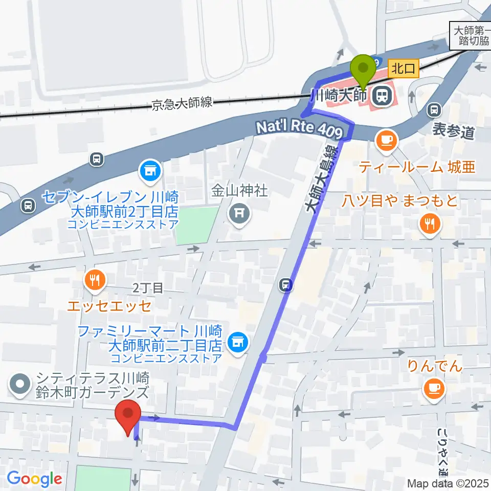 川崎大師駅から庄司ピアノ教室へのルートマップ地図