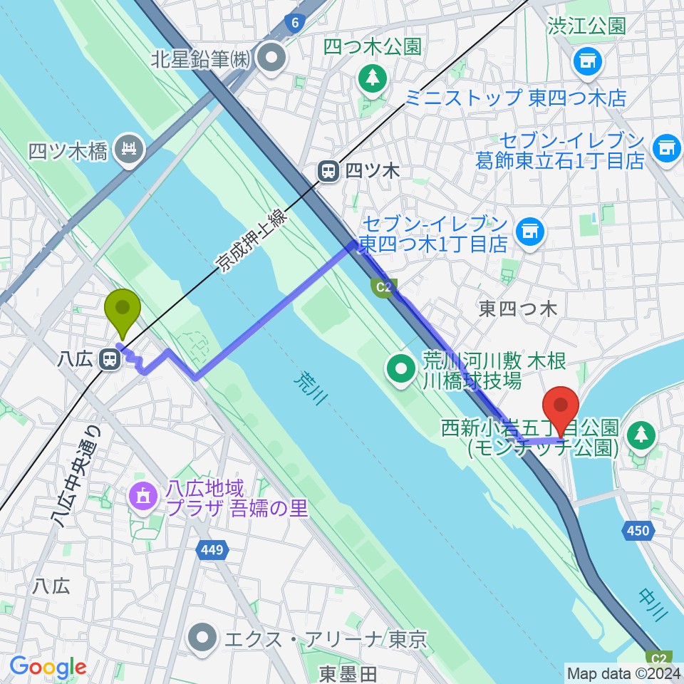 八広駅から砂田ピアノ調律事務所へのルートマップ地図