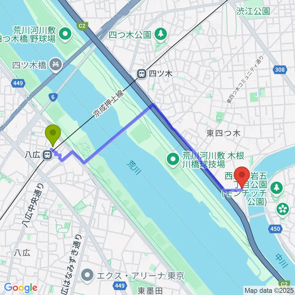 八広駅から砂田ピアノ調律事務所へのルートマップ地図