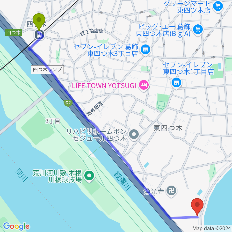 砂田ピアノ調律事務所の最寄駅四ツ木駅からの徒歩ルート（約16分）地図