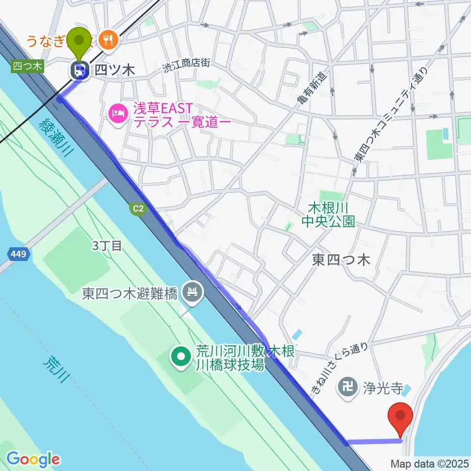 砂田ピアノ調律事務所の最寄駅四ツ木駅からの徒歩ルート（約16分）地図