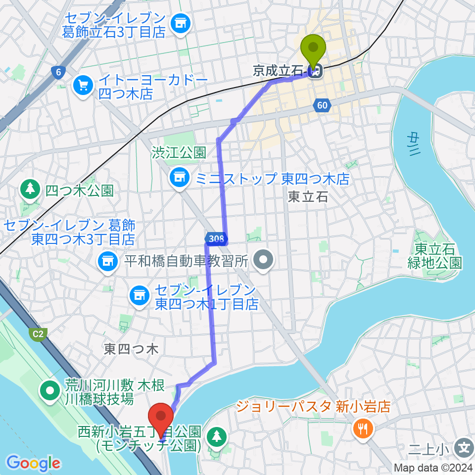 京成立石駅から砂田ピアノ調律事務所へのルートマップ地図