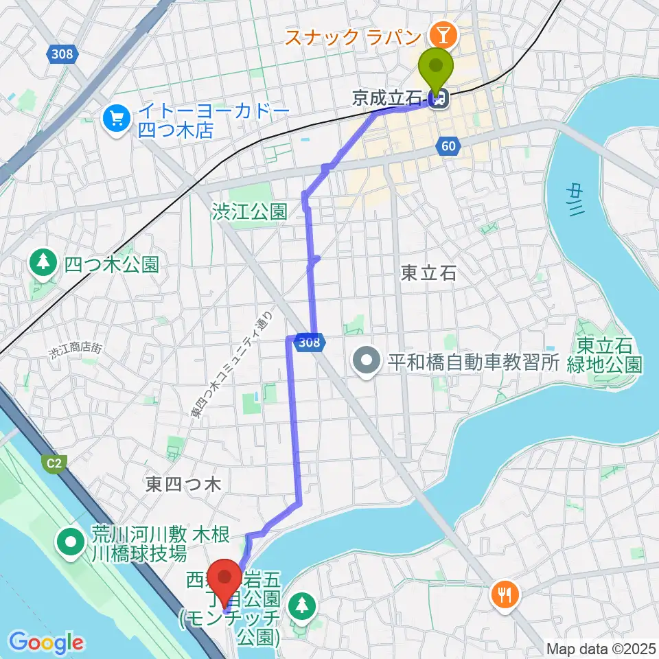 京成立石駅から砂田ピアノ調律事務所へのルートマップ地図