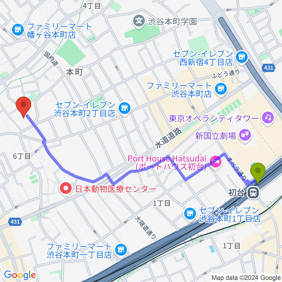 初台駅からスタジオ543 初台店へのルートマップ地図