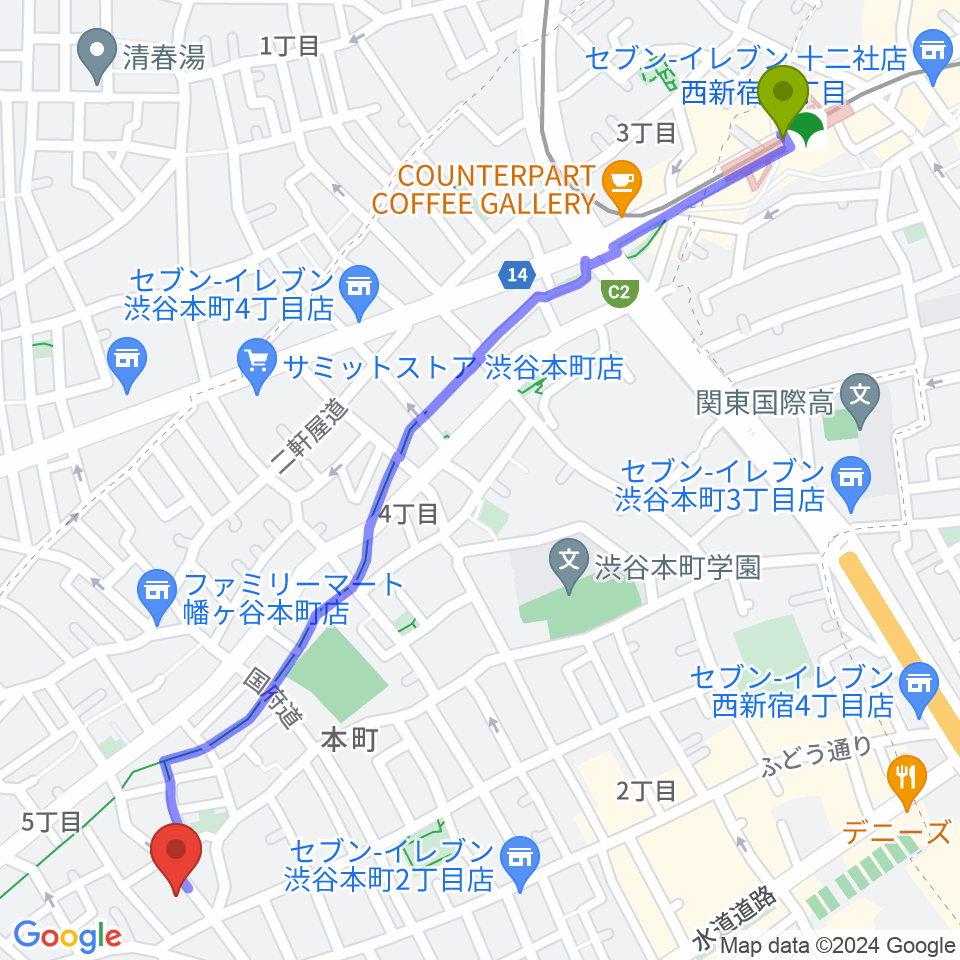 西新宿五丁目駅からスタジオ543 初台店へのルートマップ地図
