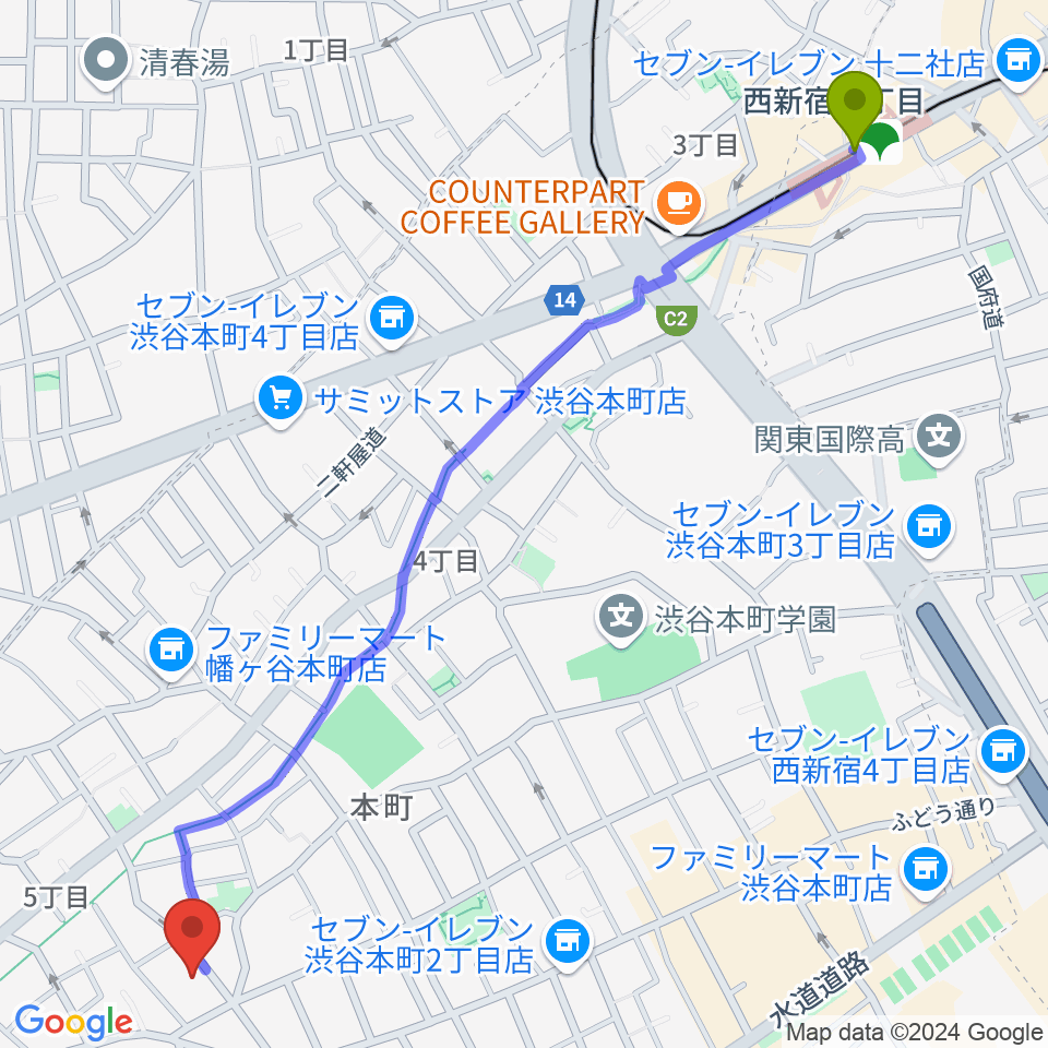 西新宿五丁目駅からスタジオ543 初台店へのルートマップ地図