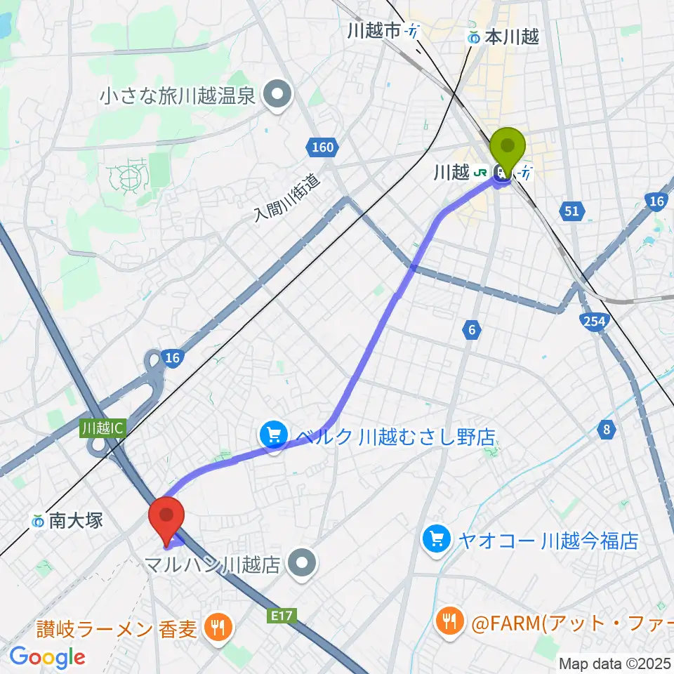 川越駅から金子ピアノ教室へのルートマップ地図