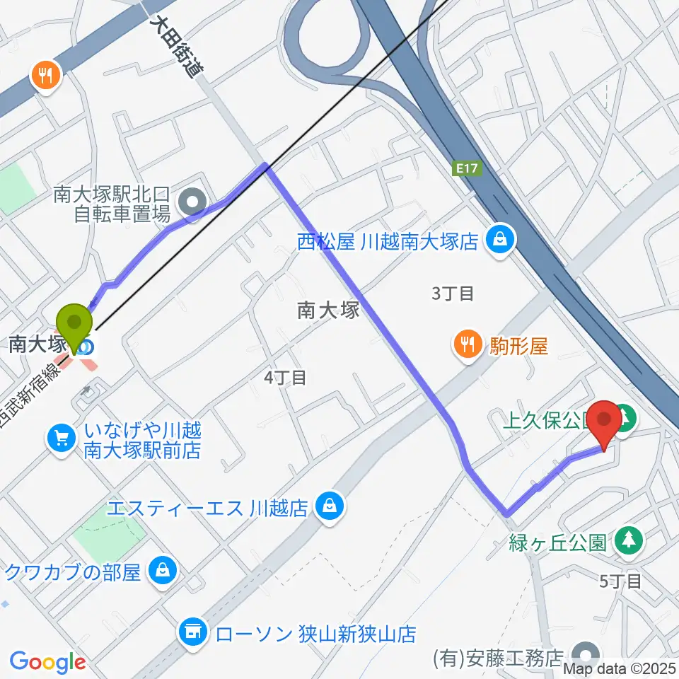 金子ピアノ教室の最寄駅南大塚駅からの徒歩ルート（約12分）地図