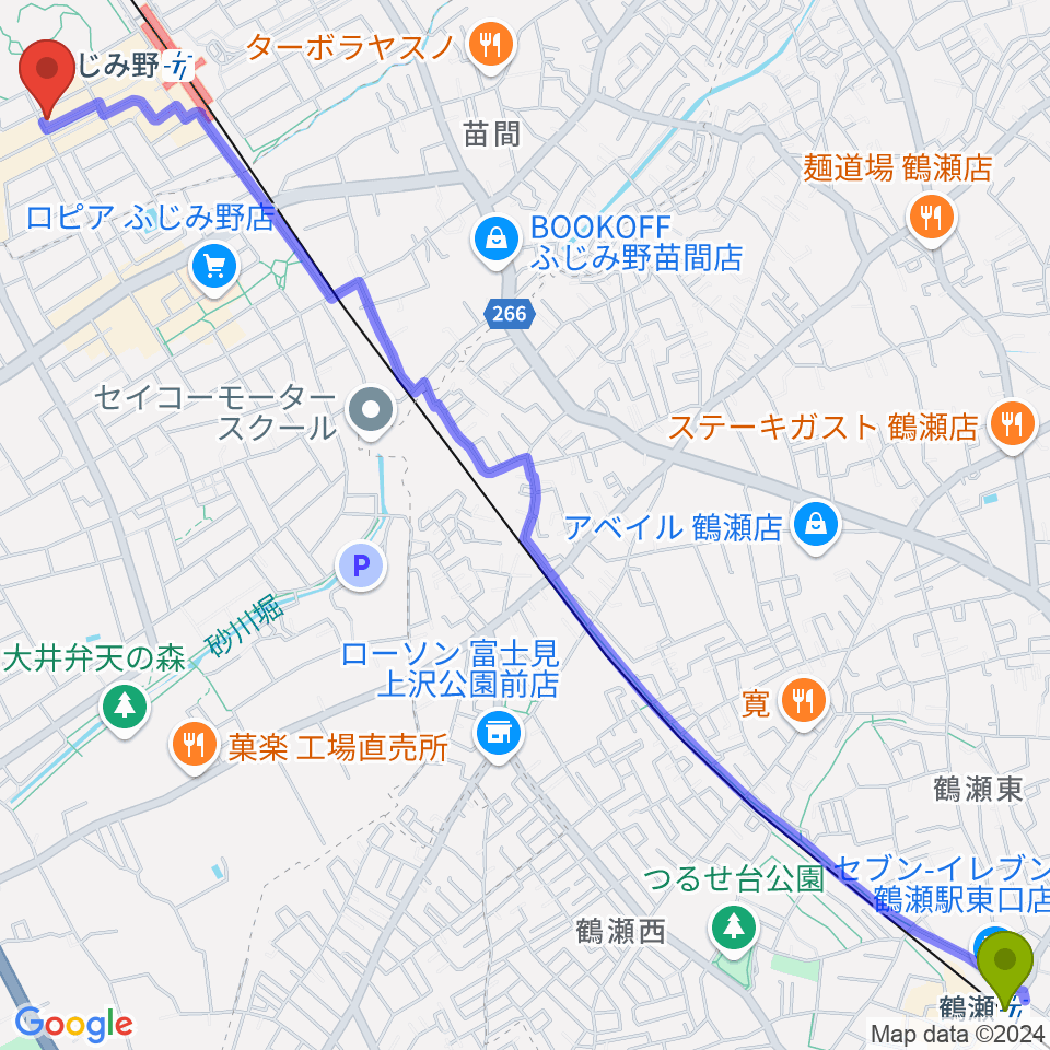 鶴瀬駅から音楽教室リズム21へのルートマップ地図