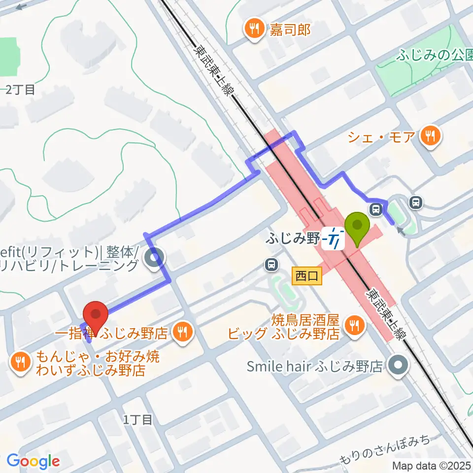 音楽教室リズム21の最寄駅ふじみ野駅からの徒歩ルート（約5分）地図
