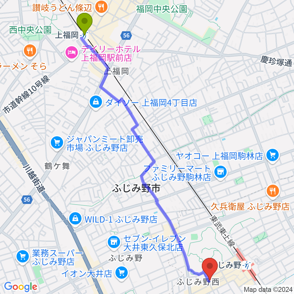 上福岡駅から音楽教室リズム21へのルートマップ地図